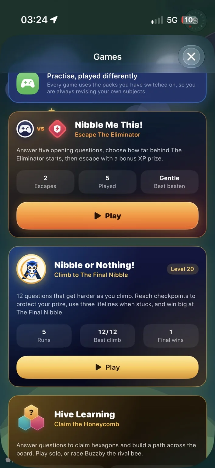 Questibbles Games menu with Nibble Me This and Nibble or Nothing