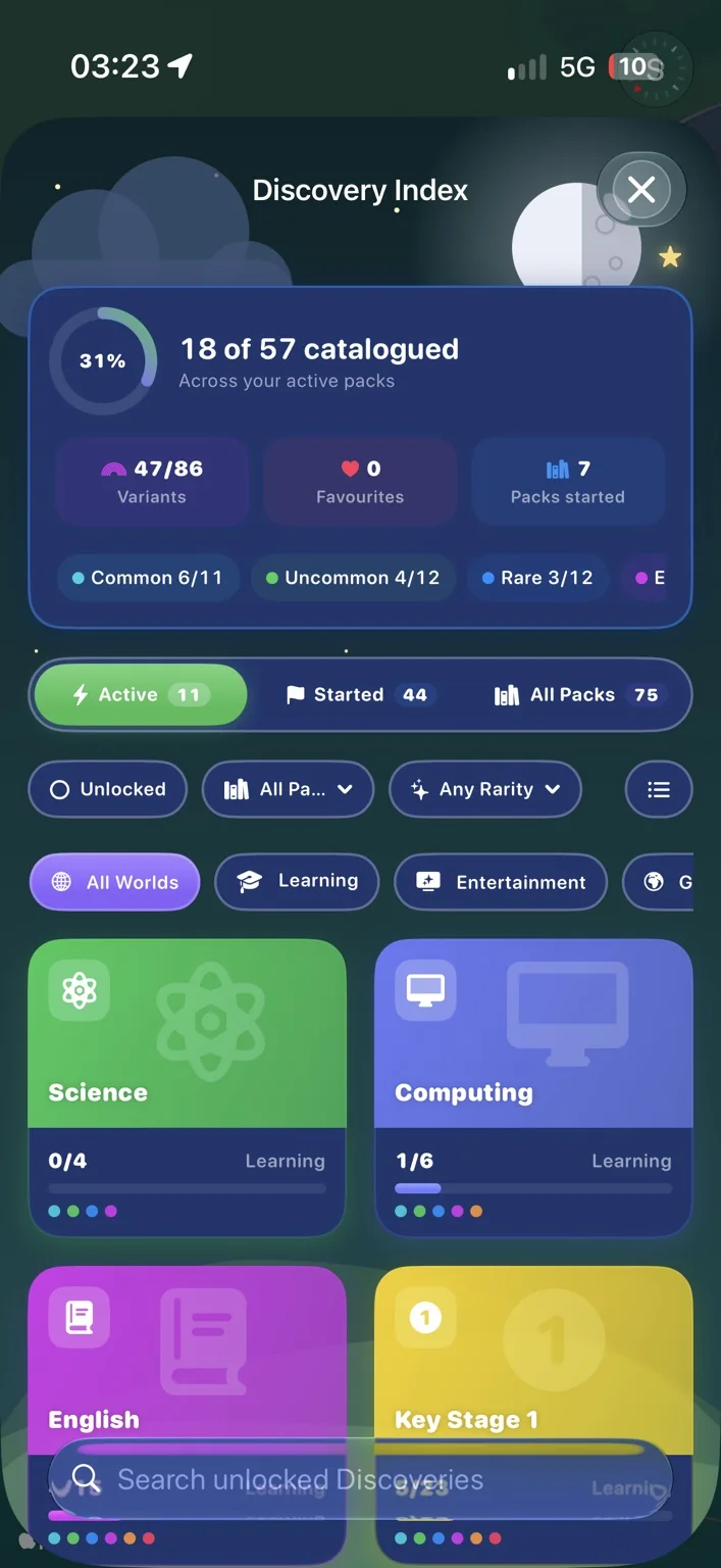 Questibbles Discovery Index with categories and collection progress